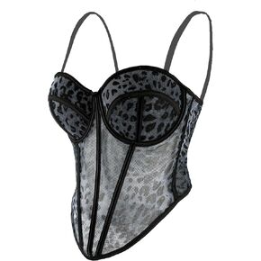 ELLACCI Women's Sexy Leopard Print Mesh Corset with Underwire Support Corset Top Black