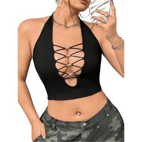 Floerns Women's Plus Size Criss Cross Halter Tank Top Backless Slim Fit Sleeveless Crop Tops