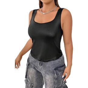 MakeMeChic Women's Plus Size PU Leather Slim Fit Tank Top Square Neck Stretch Camisole Shirts Tops