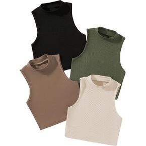 GORGLITTER Women's 4 Piece Mock Neck Ribbed Knit Crop Top Sleeveless Cropped Cami Tank Tops