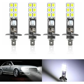 4 PCS H1 Car LED Fog Lamps, 2.4In x 0.4In Super Bright Metal 12SMD-5050 Chip Plug and Play Low Beam LED Bulbs, Universal 12V Waterproof Driving Light Lamp for Car Trucks SUVs (White Light)
