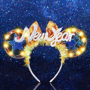 CAKURE Light Up New Year Headband Led Mouse Headbands Glitter Headpiece for New Year Hair Accessories for Women and Girls (b-gold, one size)
