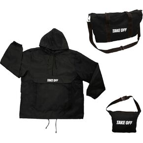 TAKE OFF 3-in-1 Duffle Bag Jacket, Converts Pouch to Duffle bag to Jacket, Kangaroo Pocket, Lightweight Jacket, Fit for Travel, Waterproof Rain Duffle Bag Jacket, Small, Black