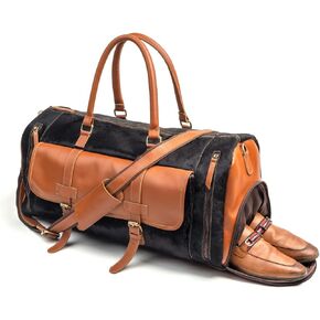 Tuzech Vintage Leather Hairon men's Travel Duffle luggage bag with Shoe Pouch, Professional Gym Bag Gym,Sports Soft Shell, Overnight Weekend, Brown Color (Hairon Black)