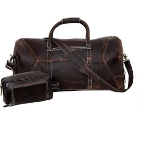 24 Inch Leather Duffel Bags for Men and Women Full Grain Leather Travel Overnight Weekend Leather Luggage with Travel Leather Toiletry Dopp Kit