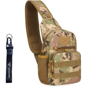 Tactical Chest Sling Bag with Bottle Holder & Key Ring Strap, Military Water Repellent Molle Camouflage Backpack (Wood Camo)