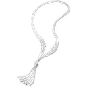 COOLSTEELANDBEYOND Boho Chic Lariat Necklace Tassel Pendant White Crystal Bead Three-Strand Long Chain Y-Shape