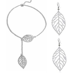 WCRAZYE Bohemian Leaf Earrings and Necklace Set for Women Unique Simple Gold Silver Lightweight Cutout Leaf Dangle Drop Earrings Fashion Filigree Leaf Y Necklace Gold Leaves Y Lariat Necklace Choker Jewelry Gifts