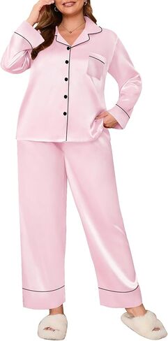 SWOMOG Women's Plus Size Pajamas Set Silk Satin Button Down Sleepwear Long Sleeve Pjs Set 2 Piece Loungewear with Pockets in Kuwait