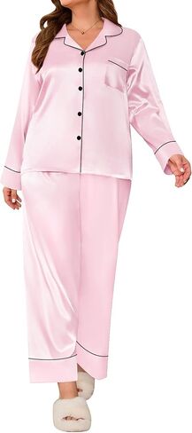 SWOMOG Women's Plus Size Pajamas Set Silk Satin Button Down Sleepwear Long Sleeve Pjs Set 2 Piece Loungewear with Pockets in Kuwait