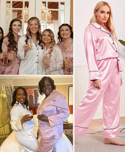 SWOMOG Women's Plus Size Pajamas Set Silk Satin Button Down Sleepwear Long Sleeve Pjs Set 2 Piece Loungewear with Pockets in Kuwait