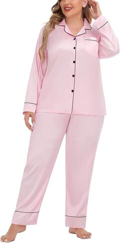 SWOMOG Women's Plus Size Pajamas Set Silk Satin Button Down Sleepwear Long Sleeve Pjs Set 2 Piece Loungewear with Pockets in Kuwait