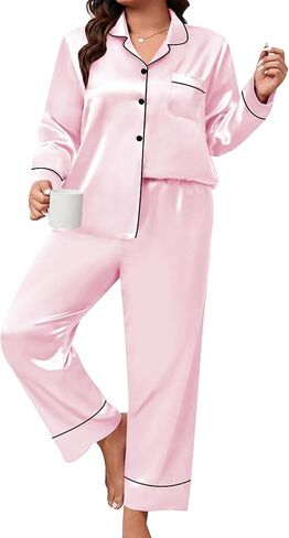 SWOMOG Women's Plus Size Pajamas Set Silk Satin Button Down Sleepwear Long Sleeve Pjs Set 2 Piece Loungewear with Pockets in Kuwait