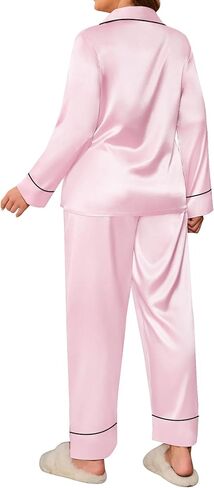 SWOMOG Women's Plus Size Pajamas Set Silk Satin Button Down Sleepwear Long Sleeve Pjs Set 2 Piece Loungewear with Pockets in Kuwait