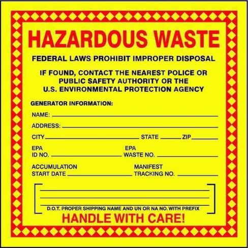 Accuform Hazardous Waste Adhesive-Poly Vinyl Label, Pack of 100, Legend "Hazardous Waste - Federal Laws PROHIBIT Improper Disposal...Handle with Care!", 6" x 6", Red/Black/Yellow, MHZW20EVC in Saudi Arabia