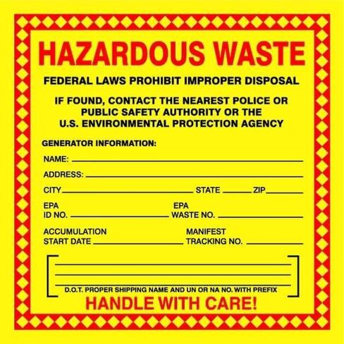 Accuform Hazardous Waste Adhesive-Poly Vinyl Label, Pack of 100, Legend "Hazardous Waste - Federal Laws PROHIBIT Improper Disposal...Handle with Care!", 6" x 6", Red/Black/Yellow, MHZW20EVC in Saudi Arabia