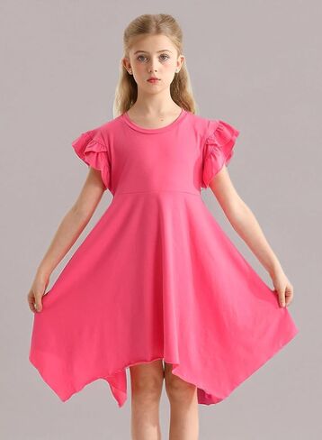 فساتين غير رسمية للفتيات صيفية برقبة دائرية وأكمام مكشكشة بطبقة مزدوجة ملابس لطيفة للركبة متأرجحة عالية ومنخفضة لعمر 4-13 سنة in Kuwait