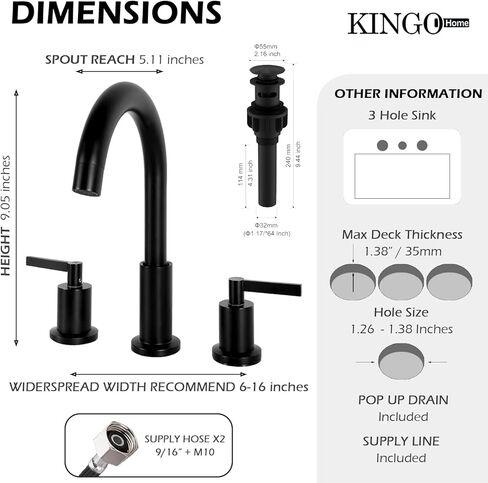 صنبور حمام من النيكل المصقول ذو 3 فتحات، KINGO HOME حديث واسع الانتشار مقاس 8 بوصة بمقبضين صنبور حوض الحمام، صنبور لحوض الحمام مع استنزاف منبثق وخطوط إمداد in Kuwait