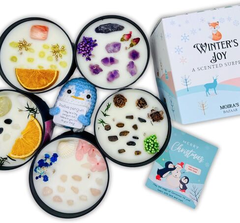 Moira's Bazaar Winter's Joy Gift Set – Includes 16 Oz Scented Candle with Crystals & Crochet Positive Penguin, Christmas, Holiday, or Motivational Gift, Artisanal Luxury Fragrances (Enchanted Forest) in Saudi Arabia