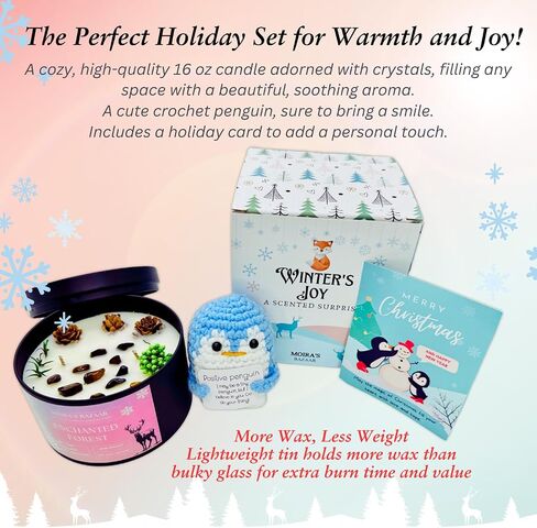 Moira's Bazaar Winter's Joy Gift Set – Includes 16 Oz Scented Candle with Crystals & Crochet Positive Penguin, Christmas, Holiday, or Motivational Gift, Artisanal Luxury Fragrances (Enchanted Forest) in Saudi Arabia
