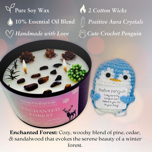 Moira's Bazaar Winter's Joy Gift Set – Includes 16 Oz Scented Candle with Crystals & Crochet Positive Penguin, Christmas, Holiday, or Motivational Gift, Artisanal Luxury Fragrances (Enchanted Forest) in Saudi Arabia