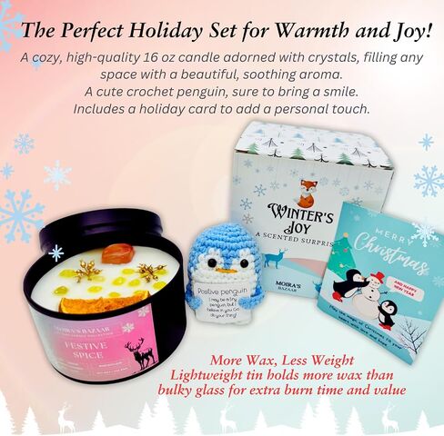 Moira's Bazaar Winter's Joy Gift Set – Includes 16 Oz Scented Candle with Crystals & Crochet Positive Penguin, Christmas, Holiday, or Motivational Gift, Artisanal Luxury Fragrances (Enchanted Forest) in Saudi Arabia