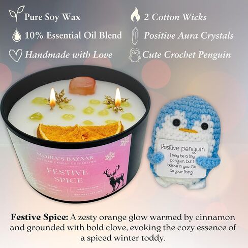 Moira's Bazaar Winter's Joy Gift Set – Includes 16 Oz Scented Candle with Crystals & Crochet Positive Penguin, Christmas, Holiday, or Motivational Gift, Artisanal Luxury Fragrances (Enchanted Forest) in Saudi Arabia