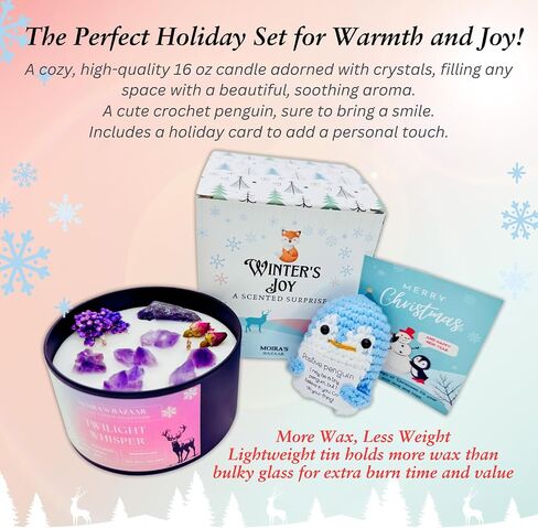 Moira's Bazaar Winter's Joy Gift Set – Includes 16 Oz Scented Candle with Crystals & Crochet Positive Penguin, Christmas, Holiday, or Motivational Gift, Artisanal Luxury Fragrances (Enchanted Forest) in Saudi Arabia