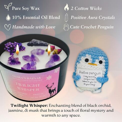 Moira's Bazaar Winter's Joy Gift Set – Includes 16 Oz Scented Candle with Crystals & Crochet Positive Penguin, Christmas, Holiday, or Motivational Gift, Artisanal Luxury Fragrances (Enchanted Forest) in Saudi Arabia