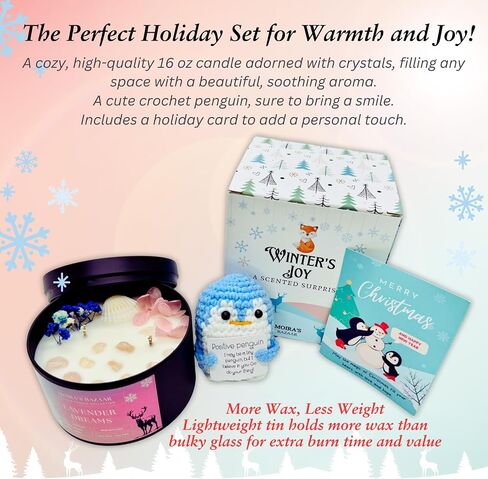 Moira's Bazaar Winter's Joy Gift Set – Includes 16 Oz Scented Candle with Crystals & Crochet Positive Penguin, Christmas, Holiday, or Motivational Gift, Artisanal Luxury Fragrances (Enchanted Forest) in Saudi Arabia