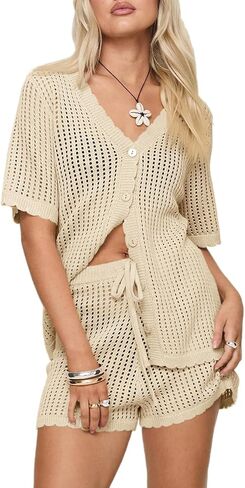 Saodimallsu Womens Crochet Swimsuit Coverup Sets Short Sleeve V Neck Button Tops Drawstring Shorts 2 Piece Beach Outfits in Saudi Arabia