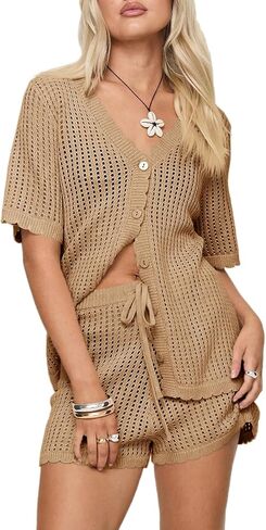 Saodimallsu Womens Crochet Swimsuit Coverup Sets Short Sleeve V Neck Button Tops Drawstring Shorts 2 Piece Beach Outfits in Saudi Arabia