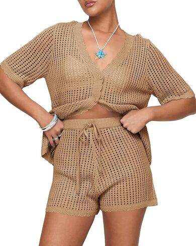 Saodimallsu Womens Crochet Swimsuit Coverup Sets Short Sleeve V Neck Button Tops Drawstring Shorts 2 Piece Beach Outfits in Saudi Arabia