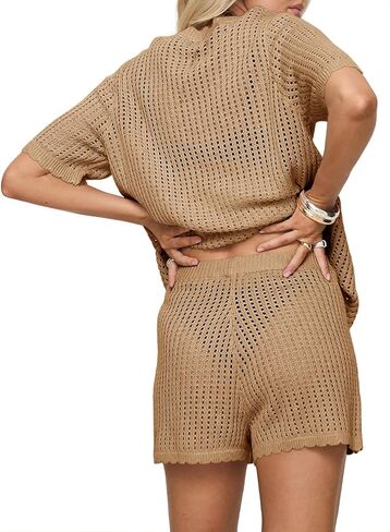 Saodimallsu Womens Crochet Swimsuit Coverup Sets Short Sleeve V Neck Button Tops Drawstring Shorts 2 Piece Beach Outfits in Saudi Arabia
