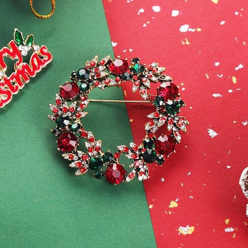 LAXPICOL Christmas Wreath Brooch for Women Flower Merry Christmas Brooch Fashion Green Red Spakly Austrian Crystal Winter Brooch Pin in Kuwait