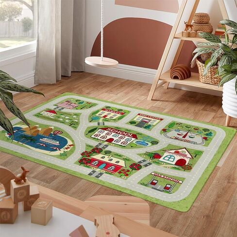 LIVEBOX Large Playroom Rug 5'x7' Kids Play Mat for Classroom, Road Traffic Carpet for Boys Girls Playing Cars Toys, City Life Nursery Car Rug for Toddlers Bedroom Kids Room in Kuwait