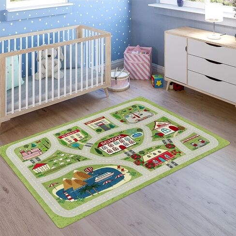 LIVEBOX Large Playroom Rug 5'x7' Kids Play Mat for Classroom, Road Traffic Carpet for Boys Girls Playing Cars Toys, City Life Nursery Car Rug for Toddlers Bedroom Kids Room in Kuwait
