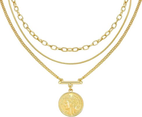 LANE WOODS Gold Layered Necklaces for Women Girls Dainty Layering Coin Lock Eye Snake Pendant Jewelry Gifts in Saudi Arabia