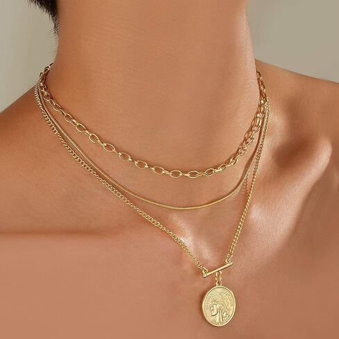 LANE WOODS Gold Layered Necklaces for Women Girls Dainty Layering Coin Lock Eye Snake Pendant Jewelry Gifts in Saudi Arabia