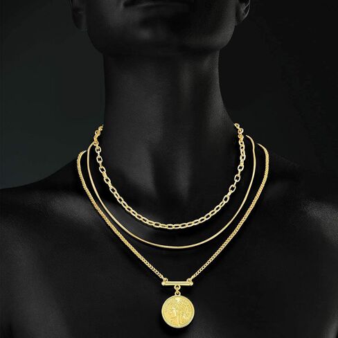LANE WOODS Gold Layered Necklaces for Women Girls Dainty Layering Coin Lock Eye Snake Pendant Jewelry Gifts in Saudi Arabia