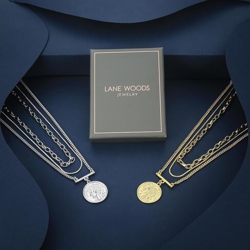 LANE WOODS Gold Layered Necklaces for Women Girls Dainty Layering Coin Lock Eye Snake Pendant Jewelry Gifts in Saudi Arabia