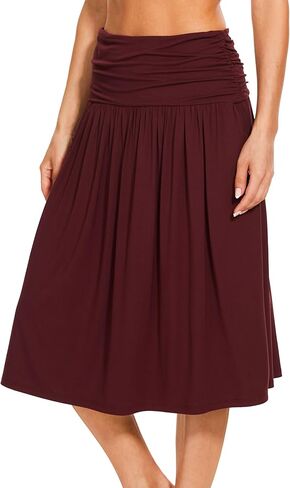 Bamboo Viscose Skirts for Women Knee Length Flowy Ruched High Waist Knit A-Line Casual Summer Skirt with Pockets in Kuwait