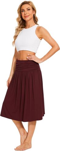 Bamboo Viscose Skirts for Women Knee Length Flowy Ruched High Waist Knit A-Line Casual Summer Skirt with Pockets in Kuwait