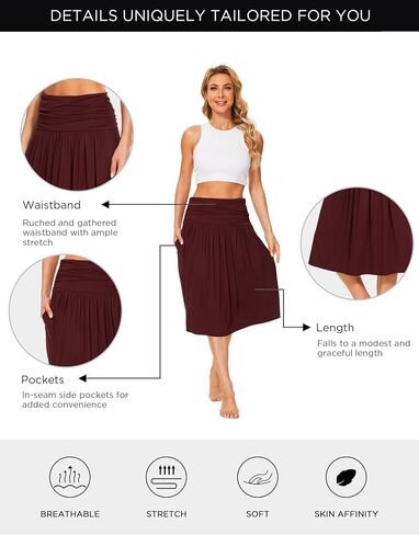 Bamboo Viscose Skirts for Women Knee Length Flowy Ruched High Waist Knit A-Line Casual Summer Skirt with Pockets in Kuwait
