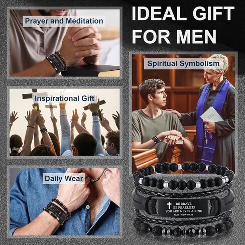 Christian Bible Verse Bracelets for Men-3 Pcs Inspirational Religious Scripture Quotes Black Onyx Lava Rock Bead Cross Braided Leather Jesus Bracelet, First Communion Confirmation Baptism Easter Gifts in Saudi Arabia