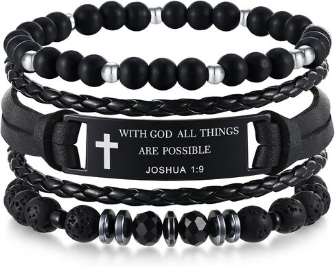Christian Bible Verse Bracelets for Men-3 Pcs Inspirational Religious Scripture Quotes Black Onyx Lava Rock Bead Cross Braided Leather Jesus Bracelet, First Communion Confirmation Baptism Easter Gifts in Saudi Arabia