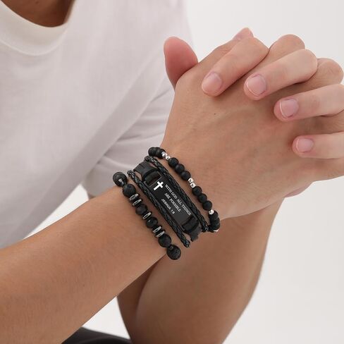 Christian Bible Verse Bracelets for Men-3 Pcs Inspirational Religious Scripture Quotes Black Onyx Lava Rock Bead Cross Braided Leather Jesus Bracelet, First Communion Confirmation Baptism Easter Gifts in Saudi Arabia