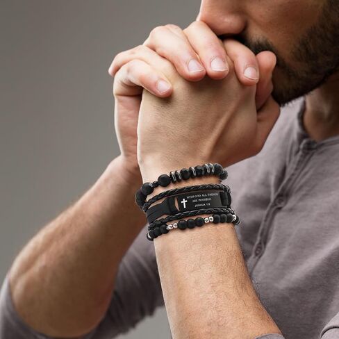 Christian Bible Verse Bracelets for Men-3 Pcs Inspirational Religious Scripture Quotes Black Onyx Lava Rock Bead Cross Braided Leather Jesus Bracelet, First Communion Confirmation Baptism Easter Gifts in Saudi Arabia