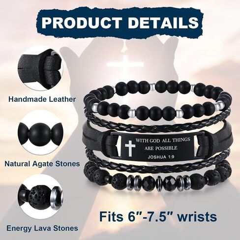Christian Bible Verse Bracelets for Men-3 Pcs Inspirational Religious Scripture Quotes Black Onyx Lava Rock Bead Cross Braided Leather Jesus Bracelet, First Communion Confirmation Baptism Easter Gifts in Saudi Arabia