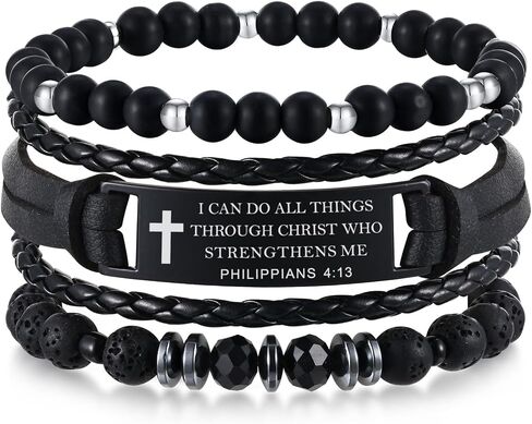 Christian Bible Verse Bracelets for Men-3 Pcs Inspirational Religious Scripture Quotes Black Onyx Lava Rock Bead Cross Braided Leather Jesus Bracelet, First Communion Confirmation Baptism Easter Gifts in Saudi Arabia